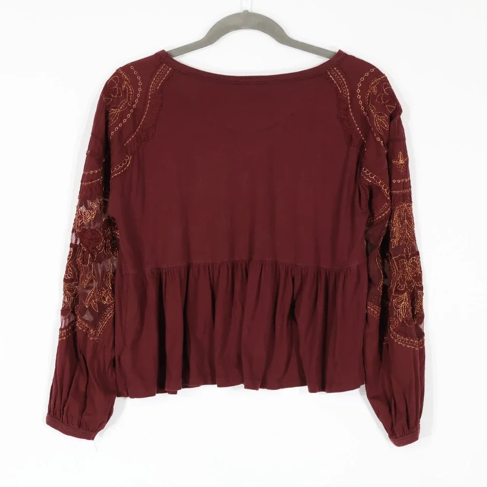 Free People Embroidered Mesh Sleeve Top Women Small Maroon Boho Babydoll